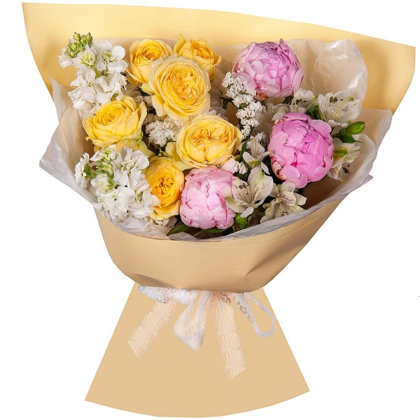 Peony pink - 3, White Matthiola - 2, Alstromeria white, soft pink - 7, Spray peony rose  - 2, Baltica White Spray Chrysanthemum - 1, White statice, Wrapping Paper