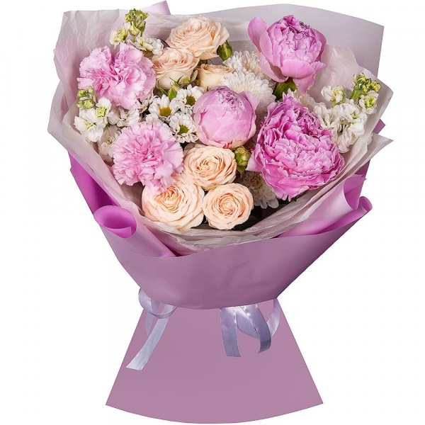 Peony pink - 3, White Matthiola - 3, Pink carnation - 10, Baltica White Spray Chrysanthemum - 1, Spray rose: white, cream, light pink 50 cm - 2, Santini White Spray Chrysanthemum - 1, Wrapping Paper