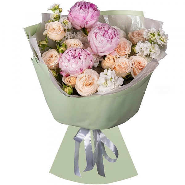 Peony pink - 3, Spray rose: white, cream, light pink 50 cm - 2, White Matthiola - 3, Baltica White Spray Chrysanthemum - 7, Wrapping Paper