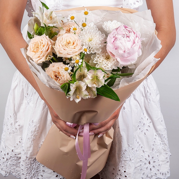 Peony pink - 1, Spray rose: white, cream, light pink 50 cm - 1, Alstromeria white, soft pink - 6, Chamomile - 1, Baltica White Spray Chrysanthemum - 1, Wrapping Paper
