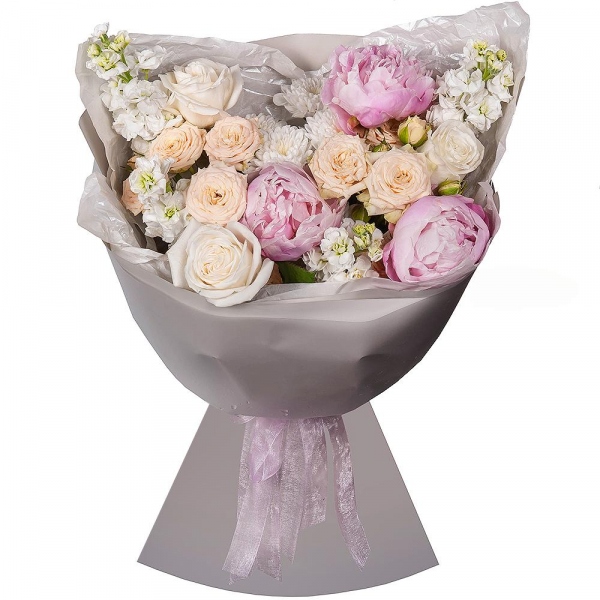Peony pink - 3, White Matthiola - 4, Spray rose: white, cream, light pink 50 cm - 2, White rose 50 cm Ecuador - 7, Baltica White Spray Chrysanthemum - 8, Wrapping Paper