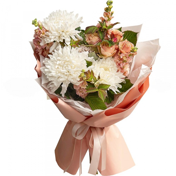 Magnum White Chrysanthemum - 3, Pink Matthiola - 4, Spray rose: white, cream, light pink 50 cm - 1, Ozotamnus,  Raspberry branch, Wrapping Paper