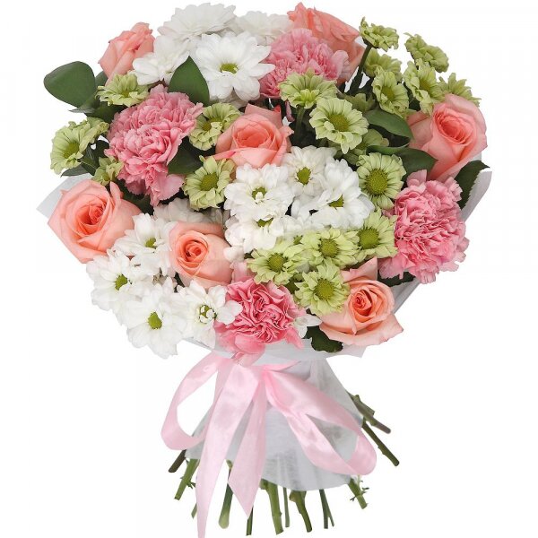 Pink carnation - 4, Bacardi White Spray Chrysanthemum - 3, Athos poms Green Lizard - 4, Pink rose 50 cm - 7, Ruscus, Felt, Ribbon