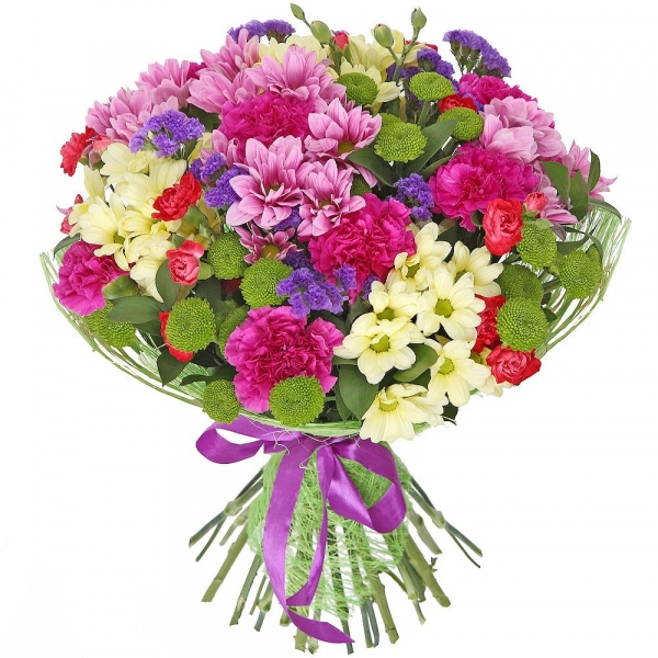 Lilac carnation - 7, Bacardi Yellow Spray Chrysanthemum - 3, Athos pom Feeling Green - 3, Pink spray carnation - 5, Bacardi Pink Spray Chrysanthemum - 4, Blue Statice, Ruscus, Sisal, Ribbon