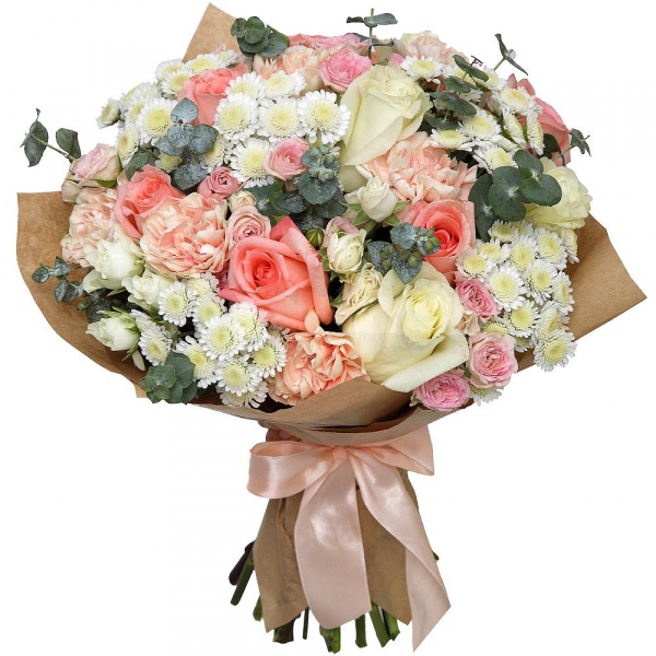 Pink rose 50 cm - 7, White rose 50 cm - 4, Spray rose: white, cream, light pink 50 cm - 8, Carnation white, cream - 5, Athos poms Stallion - 5, Eucalyptus parvifolia (1 pc.), Wrapping Paper, Ribbon