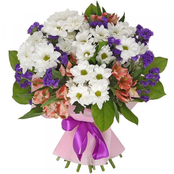 Bacardi White Spray Chrysanthemum - 5, Alstromeria white, soft pink - 3, Blue Statice, Felt, Ribbon, Salal