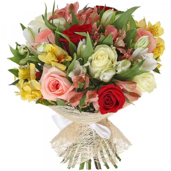 Red rose 50 cm - 3, White rose 50 cm - 3, Pink rose 50 cm - 3, Alstromeria white, soft pink - 7, Alstromeria Yellow, Orange - 2, Sisal, Ribbon