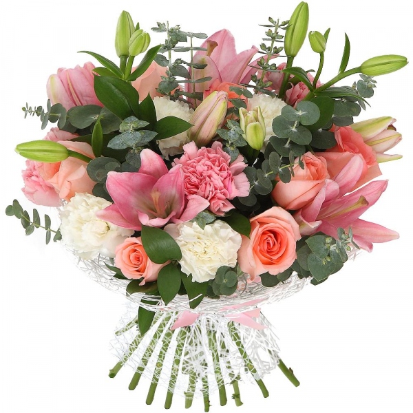Pink rose 50 cm - 7, Pink lily - 2, Pink carnation - 3, Carnation white, cream - 4, Eucalyptus baby blue (1 pc.), Ruscus, Ribbon, Mesh (Abaka)