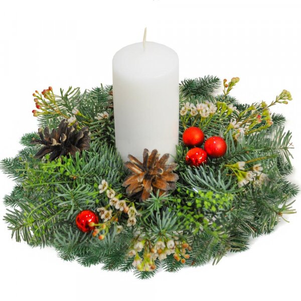 Spruce branches (1pc.), Christmas decor (set), Waxflower (1 pc.), Green bell (1 pc.), Oasis, Candle, Pot for compositions