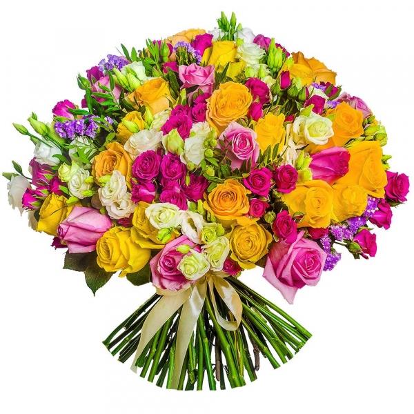 lisianthus - 10, Bright pink spray rose mix, 50 cm - 10, Pink rose 50 cm - 11, Yellow rose 50 cm - 22, Pink Statice, Pistachio, Ribbon