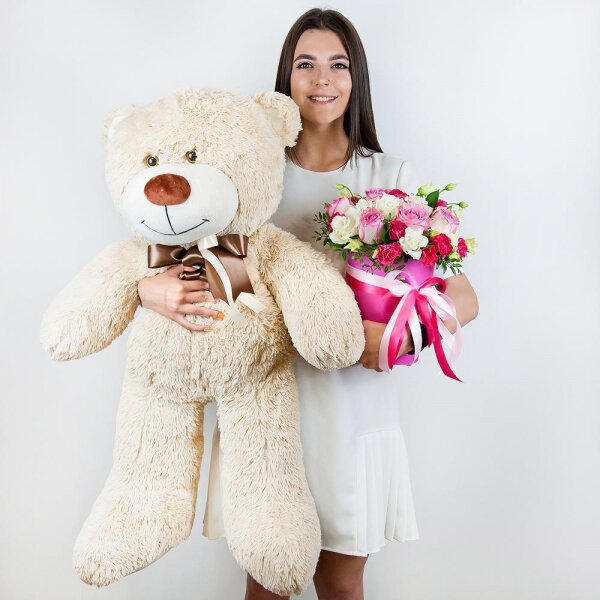 Pink rose 50 cm - 11, lisianthus - 5, Pink spray carnation - 5, Round flower box small , Oasis, Film, Pistachio, Ruscus, Ribbon, Teddy bear 70 cm