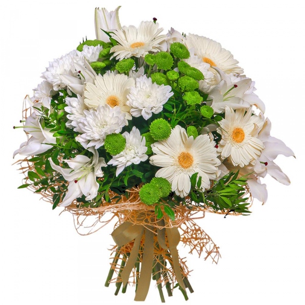 Lilies - 3, Athos pom Feeling Green - 3, Baltica White Spray Chrysanthemum - 3, Gerbera white - 5, Pistachio, Mesh (Abaka), Ribbon