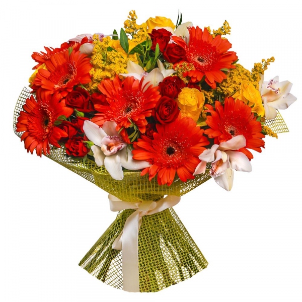 Gerbera daisies - 7, White Cymbidium Orchid Bud - 7, Spray rose: red 50 cm - 5, Yellow rose 50 cm - 5, Flask for orchids, Solidago (1 pc.), Pistachio, Mesh (Abaka), Ribbon
