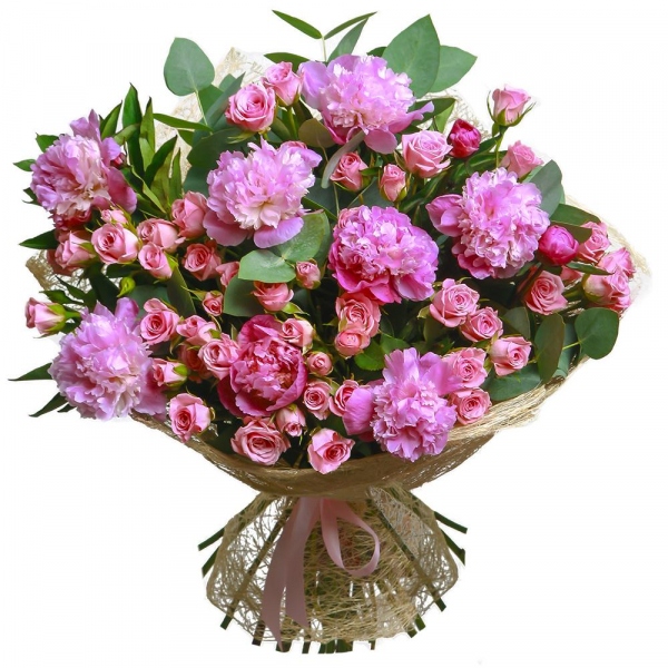 Peony pink - 9, Bright pink spray rose mix, 50 cm - 12, Eucalyptus parvifolia (1 pc.), Sisal, Ribbon