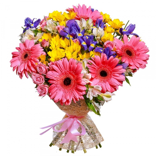Bright pink spray rose mix, 50 cm - 5, Gerbera pink - 5, Bacardi Yellow Spray Chrysanthemum - 4, Irises - 8, Alstromeria white, soft pink - 5, Sisal, Ribbon