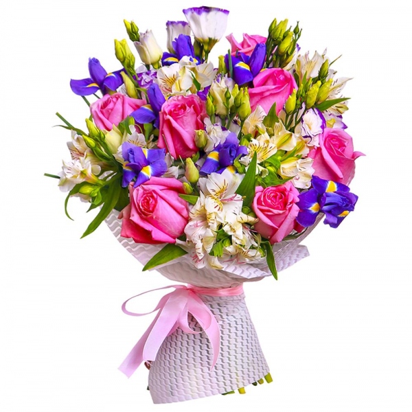 Purple Lisianthus (Eustoma) - 6, Alstromeria white, soft pink - 6, Pink rose 50 cm - 9, Irises - 10, Ribbon, Felt