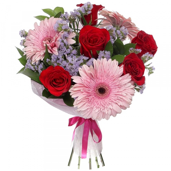 Gerbera pink - 4, Red rose 50 cm - 7, Blue Statice, Felt, Ribbon, Salal