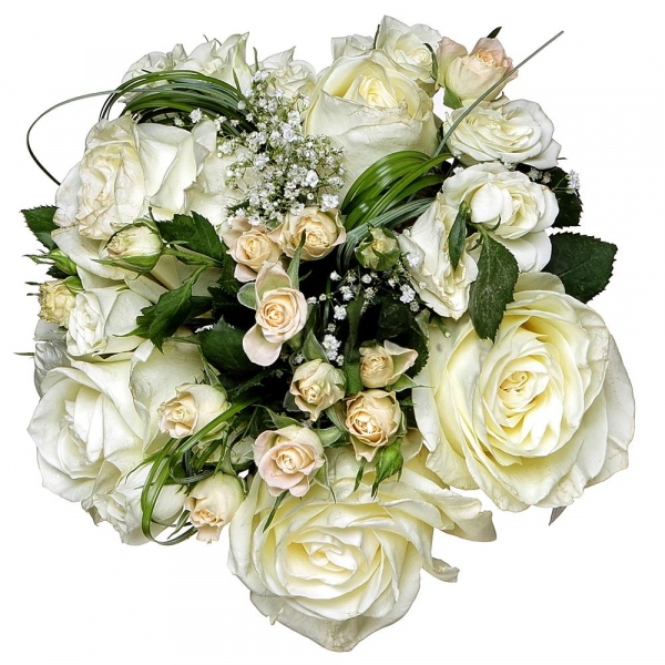 White rose 50 cm - 7, Spray rose: white, cream, light pink 50 cm - 4, Gypsophila - 1, Beargrass (1 pc.), Ruscus, Ribbon