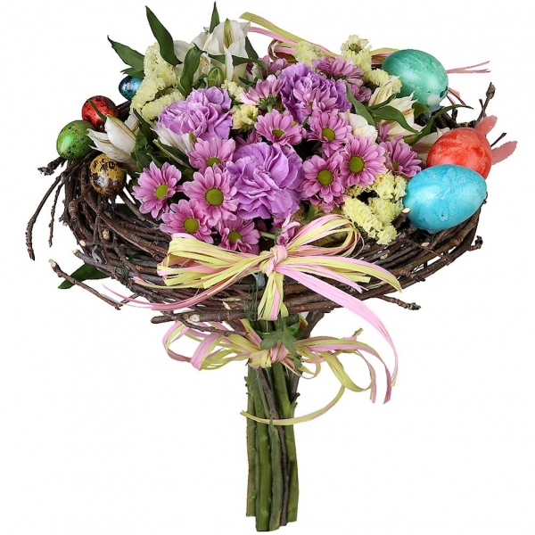 Alstromeria white, soft pink - 4, Daisy poms Santini pink, purple - 3, Lilac carnation - 4, Yellow Statice, The frame of the branches, Ribbon, Decorative element small