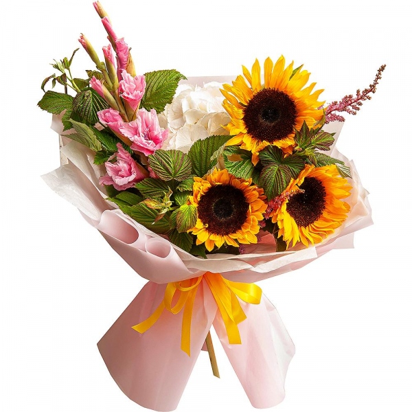 Sunflower - 7,  White Hydrangea - 1, Pink Gladiolus - 3, Astilbe,  Raspberry branch, Wrapping Paper