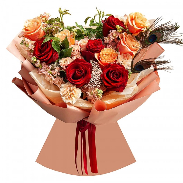 Rose Red 50 cm Ecuador - 9, Pink-orange rose Phoenix 50 cm - 9, Spray rose: white, cream, light pink 50 cm - 3, Pink Matthiola - 5, Carnation white, cream - 9, Ozotamnus,  Raspberry branch, Feathers decor., Wrapping Paper