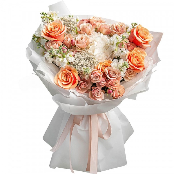 Pink-orange rose Phoenix 50 cm - 9, Spray rose: yellow, orange 50 cm - 9, White Matthiola - 4,  White Hydrangea - 1, Ozotamnus, Wrapping Paper