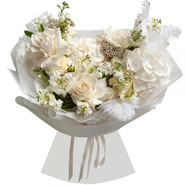  White Hydrangea - 2, White rose 50 cm Ecuador - 7, Spray rose: white, cream, light pink 50 cm - 10, White Matthiola - 5, Ozotamnus, Feathers decor., Wrapping Paper