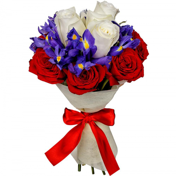 Red rose 50 cm - 8, White rose 50 cm - 5, Irises - 7, Felt, Ribbon