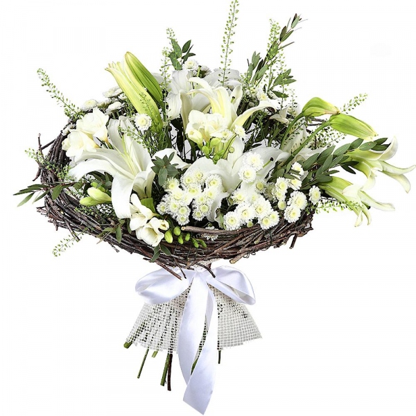 Lilies - 3, Freesia - 4, Athos poms Stallion - 4, Green bell (1 pc.), Eucalyptus parvifolia (1 pc.), The frame of the branches, Mesh (Abaka), Ribbon