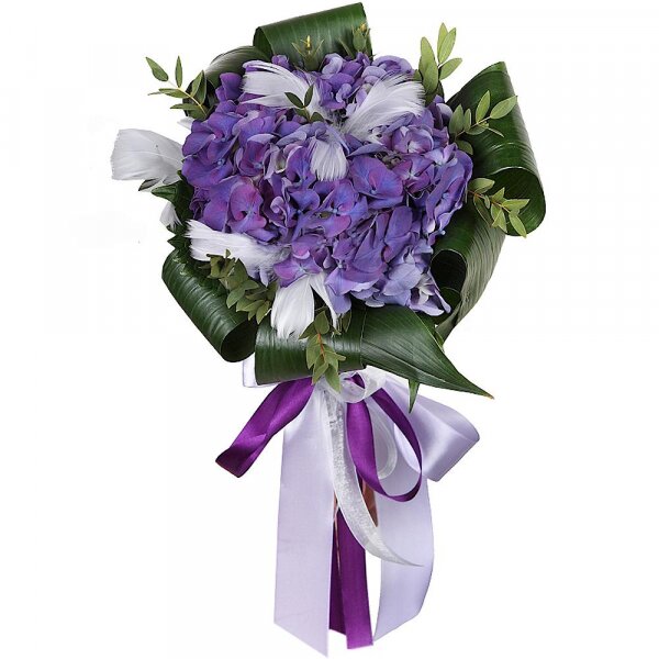 Blue/purple hydrangea - 2, Aspidistra (1 pc.), Eucalyptus parvifolia (1 pc.), Feathers decor., Ribbon