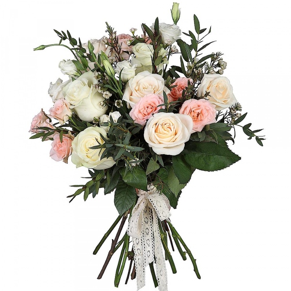 Rose Cream 50 cm - 6, Spray rose: white, cream, light pink 50 cm - 4, White rose 50 cm - 4, lisianthus - 3, Waxflower (1 pc.), Eucalyptus parvifolia (1 pc.), Ribbon