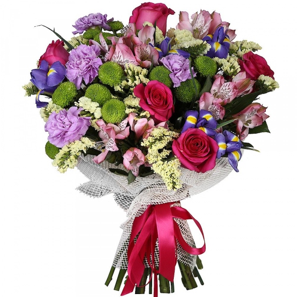 Pink rose 50 cm - 7, Alstromeria white, soft pink - 5, Irises - 7, Athos pom Feeling Green - 4, Lilac carnation - 6, Mesh (Abaka), Ribbon, White statice