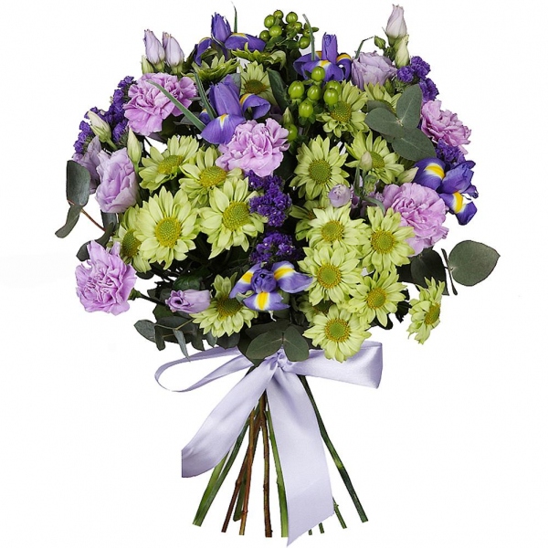 Lilac carnation - 7, Athos poms Green Lizard - 5, Purple Lisianthus (Eustoma) - 3, Irises - 7, Blue Statice, Hypericum, Eucalyptus baby blue (1 pc.), Ribbon