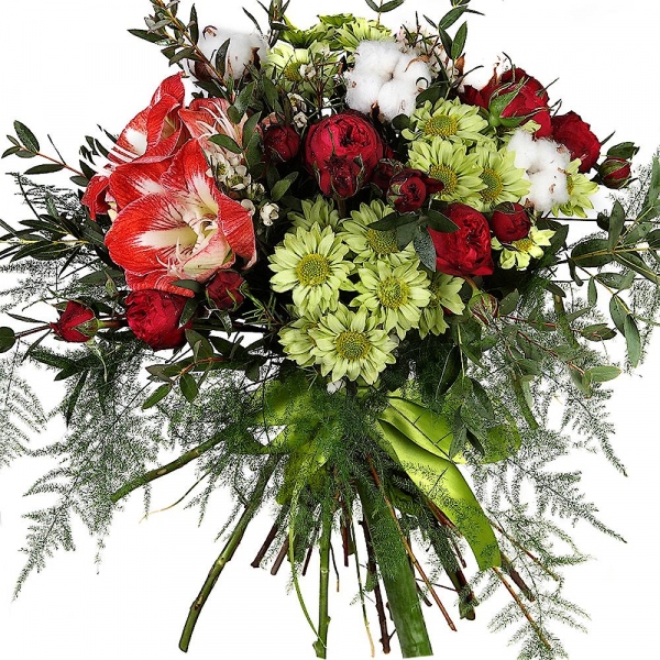 Red amaryllis - 2, Athos poms Green Lizard - 3, Spray peony rose  - 4, Waxflower (1 pc.), Eucalyptus parvifolia (1 pc.), Asparagus setaceus (1 pc.), Cotton bud, Ribbon