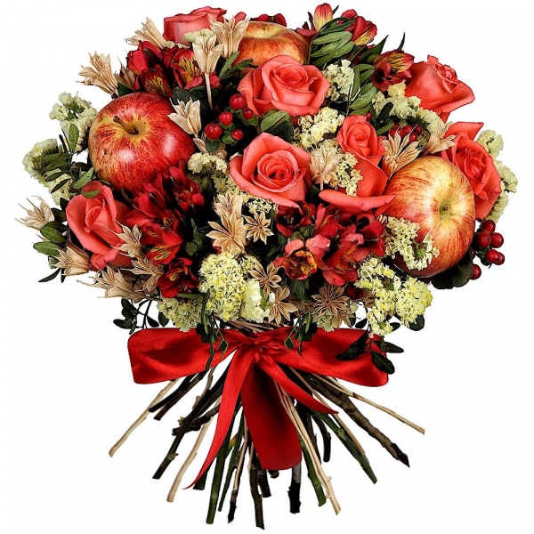 Pink rose 50 cm - 10, Alstromeria Red, Bright Pink - 6, Yellow Statice, Hypericum, Pistachio, Apple, 1 pc., Ribbon, Dried flowers decor