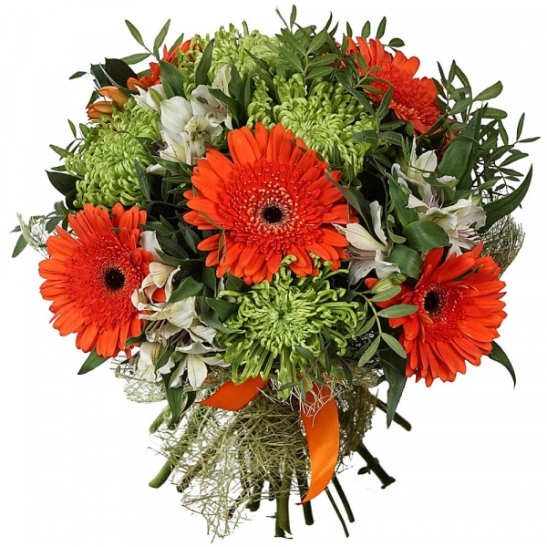 Gerbera daisies - 6, Yellow chrysanthemum  single-headed Anastasia - 6, Alstromeria white, soft pink - 4, Ruscus, Pistachio, Sisal, Ribbon