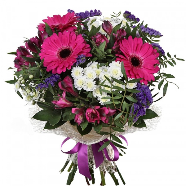 Purple gerbera - 4, Alstromeria lilac, purple - 4, Athos poms Stallion - 3, Blue Statice, Ruscus, Pistachio, Sisal, Ribbon