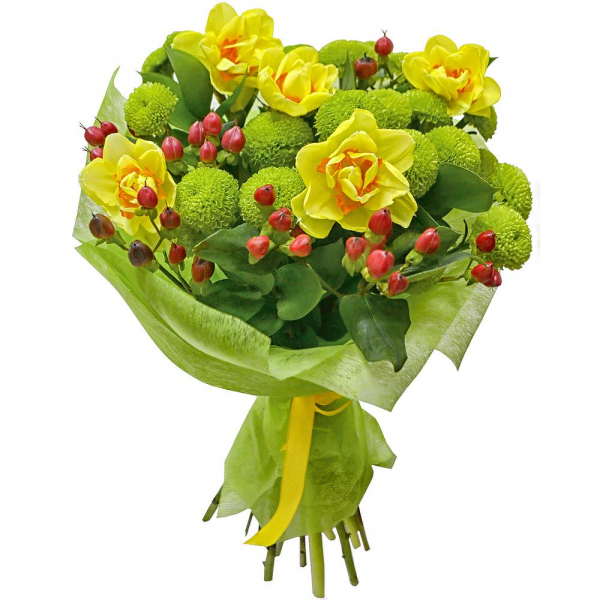 Narcissus - 7, Athos pom Feeling Green - 4, Hypericum, Salal, Felt, Ribbon