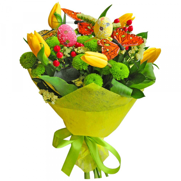 Yellow tulip - 7, Athos pom Feeling Green - 4, Hypericum, Yellow Statice, Butterfly (decor.), 1 pc., Ruscus, Decorative element small, Felt, Ribbon