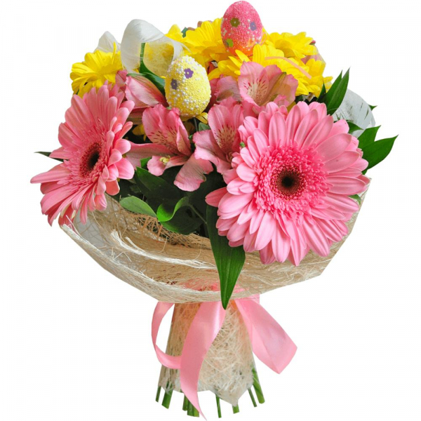 Bacardi Yellow Spray Chrysanthemum - 3, Alstromeria white, soft pink - 3, Gerbera pink - 4, Ruscus, Feathers decor., Decorative element small, Sisal