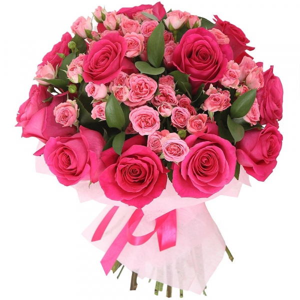 Bright pink spray rose mix, 50 cm - 14, Rose Pink 50 cm Ecuador (Chelo, Hermosa, Novia, Titanik, Engagement, Pink Mondiale) - 15, Ruscus, Wrapping Paper