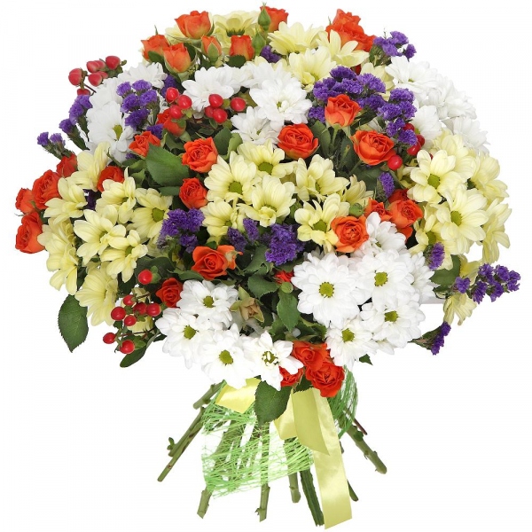 Spray rose: yellow, orange 50 cm - 11, Bacardi White Spray Chrysanthemum - 6, Bacardi Yellow Spray Chrysanthemum - 5, Blue Statice, Hypericum, Sisal, Ribbon