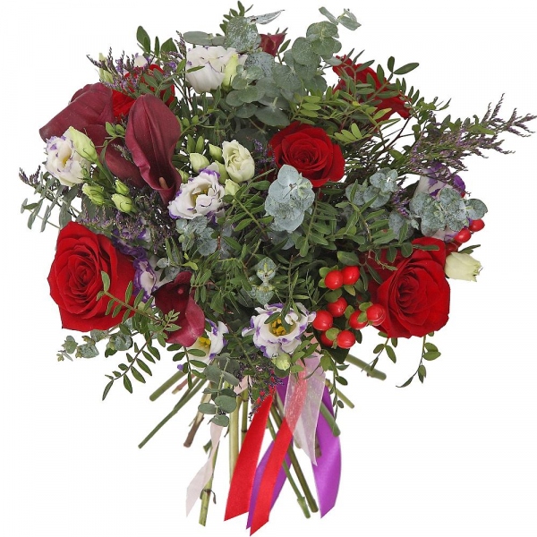 Red rose 50 cm - 7, Burgundy Calla Lily - 6, lisianthus - 3, Hypericum, Limonium (1 pc.), Pistachio, Eucalyptus baby blue (1 pc.), Ribbon