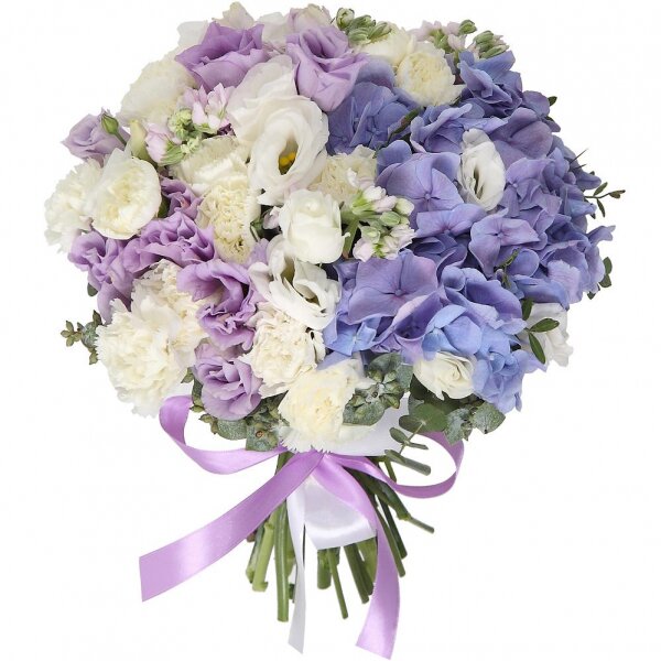 Blue/purple hydrangea - 2, lisianthus - 2, Matthiola Lilac - 3, White spray carnation - 4, Purple Lisianthus (Eustoma) - 2, Eucalyptus baby blue (1 pc.), Pistachio, Ribbon