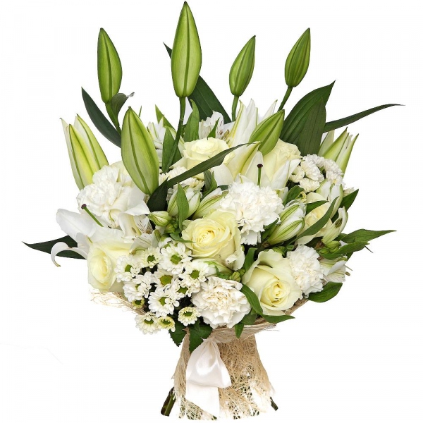 Lilies - 3, White rose 50 cm - 9, Alstromeria white, soft pink - 6, Santini White Spray Chrysanthemum - 5, Carnation white, cream - 5, Sisal, Ribbon