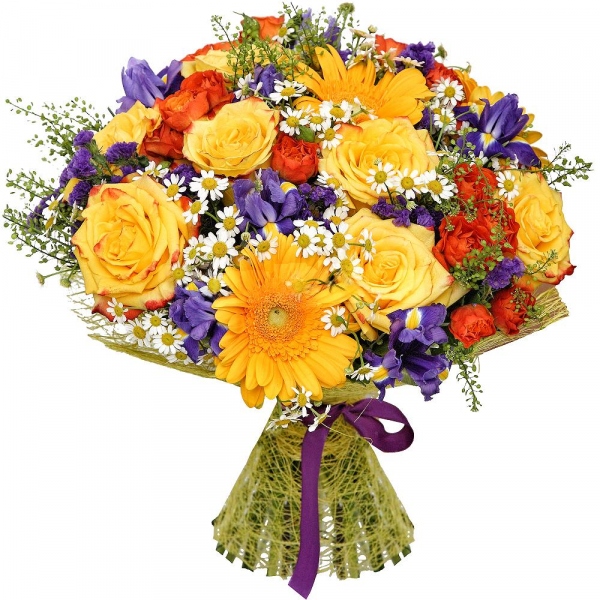 Yellow rose 50 cm - 10, Spray rose: yellow, orange 50 cm - 6, Gerbera yellow - 4, Irises - 9, Chamomile - 5, Green bell (1 pc.), Blue Statice, Sisal, Ribbon