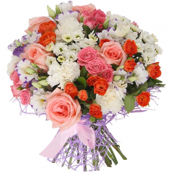 Pink rose 50 cm - 7, Spray rose: yellow, orange 50 cm - 4, Carnation white, cream - 7, Purple Lisianthus (Eustoma) - 5, Santini White Spray Chrysanthemum - 3, Bright pink spray rose mix, 50 cm - 4, Ruscus, Mesh (Abaka), Ribbon