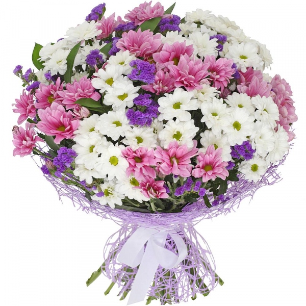 Bacardi White Spray Chrysanthemum - 10, Bacardi Pink Spray Chrysanthemum - 7, Blue Statice, Ruscus, Mesh (Abaka), Ribbon