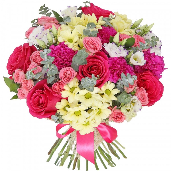 Pink rose 50 cm - 7, Bright pink spray rose mix, 50 cm - 7, Carnation red - 5, Purple Lisianthus (Eustoma) - 6, Bacardi Yellow Spray Chrysanthemum - 4, Sisal, Ribbon, Eucalyptus baby blue (1 pc.)