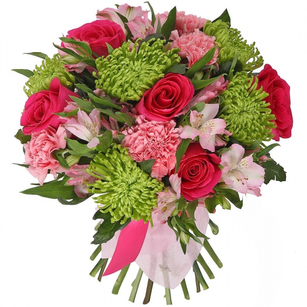 Pink rose 50 cm - 7, Pink carnation - 5, Yellow chrysanthemum  single-headed Anastasia - 6, Alstromeria white, soft pink - 5, Ribbon, Felt